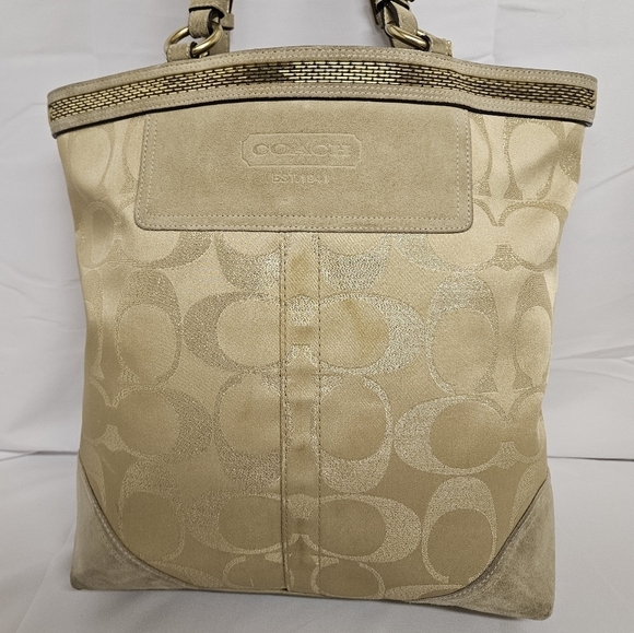 Coach Signature F06J-10390 Beaded Tote Bag In Canvas And Suede In Gold And Tan - Picture 7 of 15